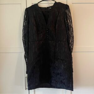 SHEIN Black and Tan V-Neck Bishop Sleeve Sheath Dress